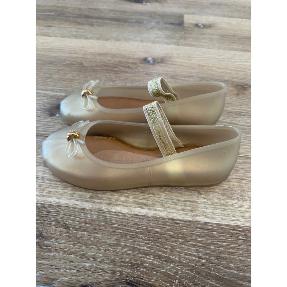 Mini Melissa Sophie INF Mary Jane Jelly Flats Kids Size 1 Pearly Beige Bow Gold